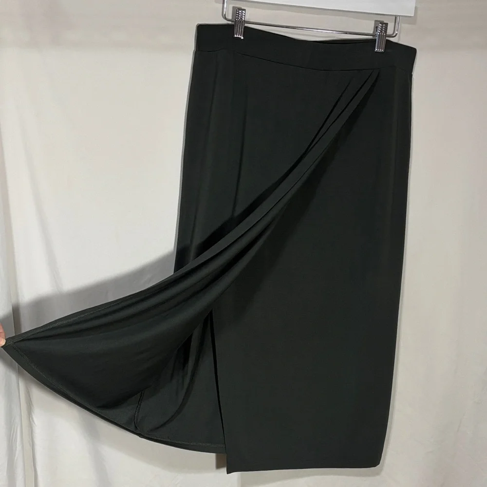 Vince Dark Olive Green Asymmetrical Pull On Faux Wrap Midi Skirt Size M